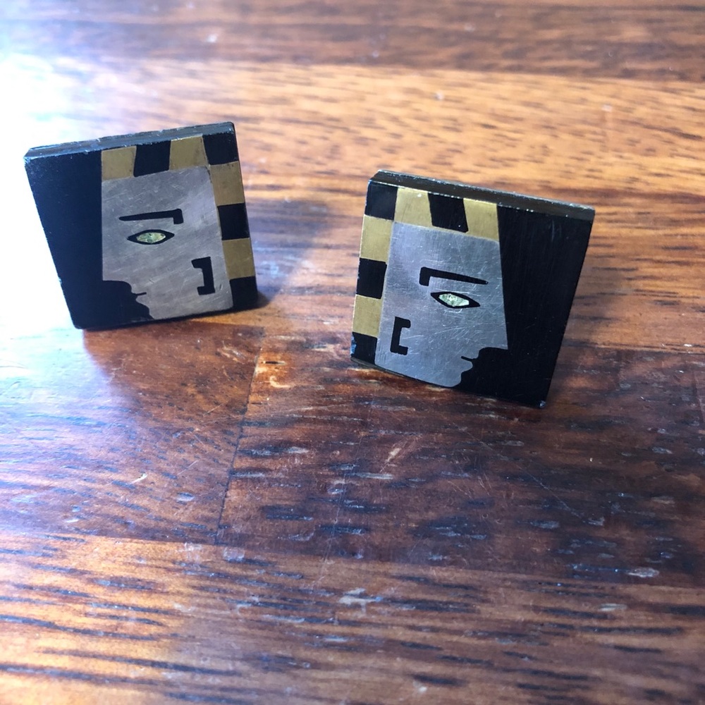 Vintage Mexico Onyx Modernist Silver Cuff Links